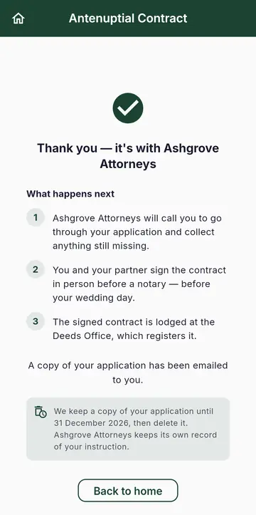 The screen after sending: Ashgrove Attorneys will call you, and the date the platform deletes its copy.