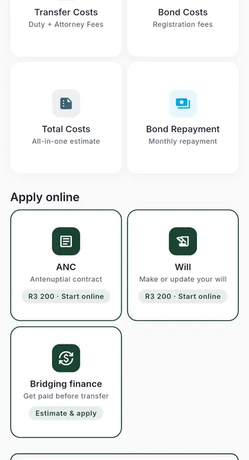 The Ashgrove home screen scrolled down: the calculators, then the Apply online tiles for an antenuptial contract, a will and bridging finance.