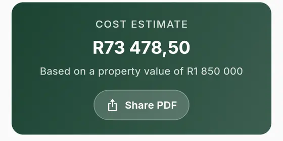 The cost estimate card with its Share PDF button.