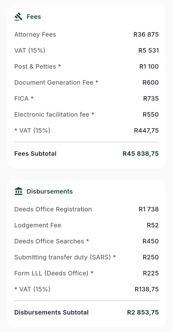 Further down: fees (attorney fees, post and petties, document generation, FICA, electronic facilitation) and disbursements (Deeds Office registration, lodgement, searches, submitting transfer duty, Form LLL), with VAT on the lines that carry it.