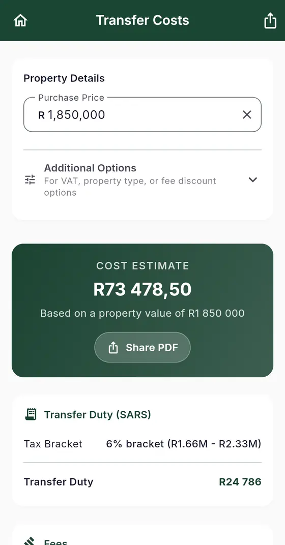 Transfer costs in the Ashgrove app: purchase price R1 850 000, the cost estimate of R73 478,50, and transfer duty from the SARS table.