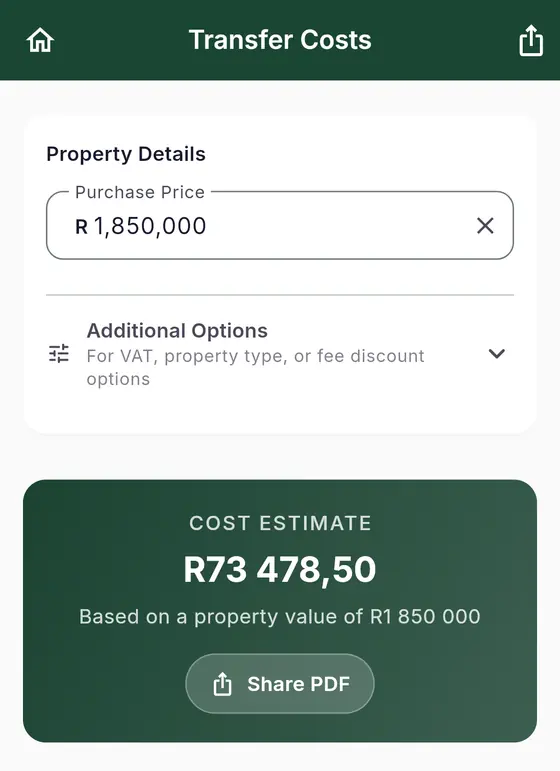 The same estimate in the Ashgrove app on a phone: purchase price R1 850 000, cost estimate R73 478,50, Share PDF button.