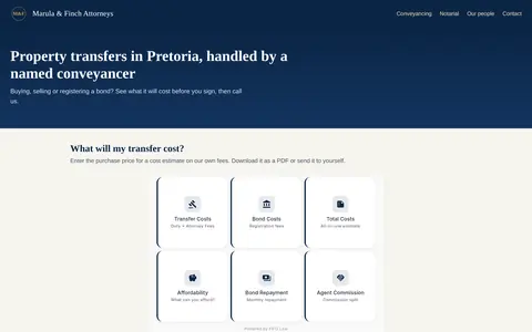 The Marula & Finch website with the calculators embedded
