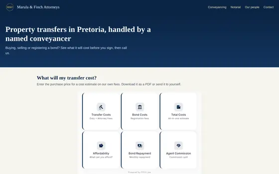 The made-up Marula & Finch Attorneys website with the calculator tiles embedded under 'What will my transfer cost?'.